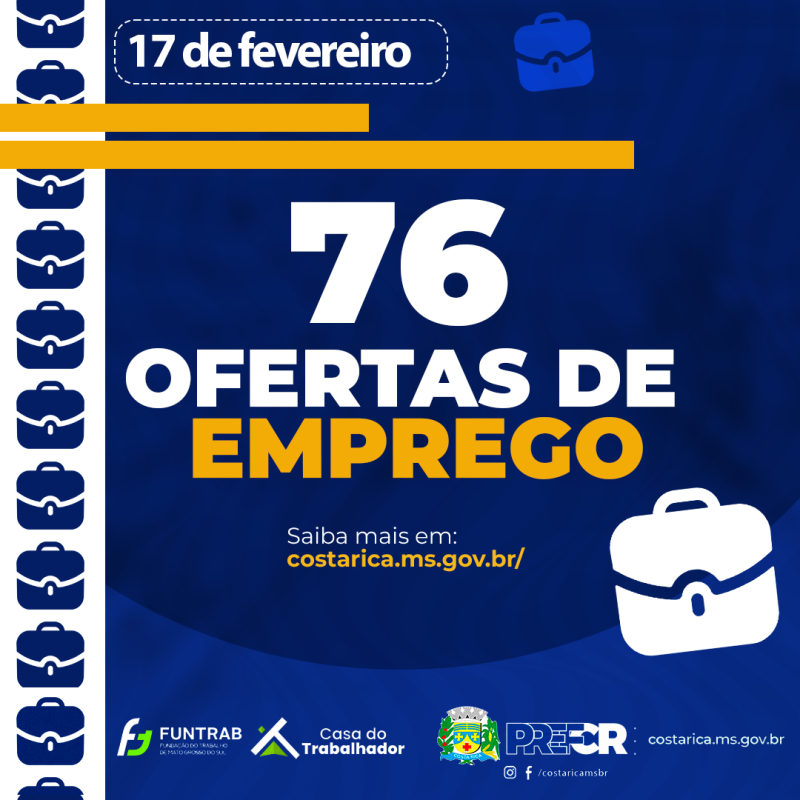 Casa do Trabalhador de Costa Rica tem disponíveis 76 vagas de emprego