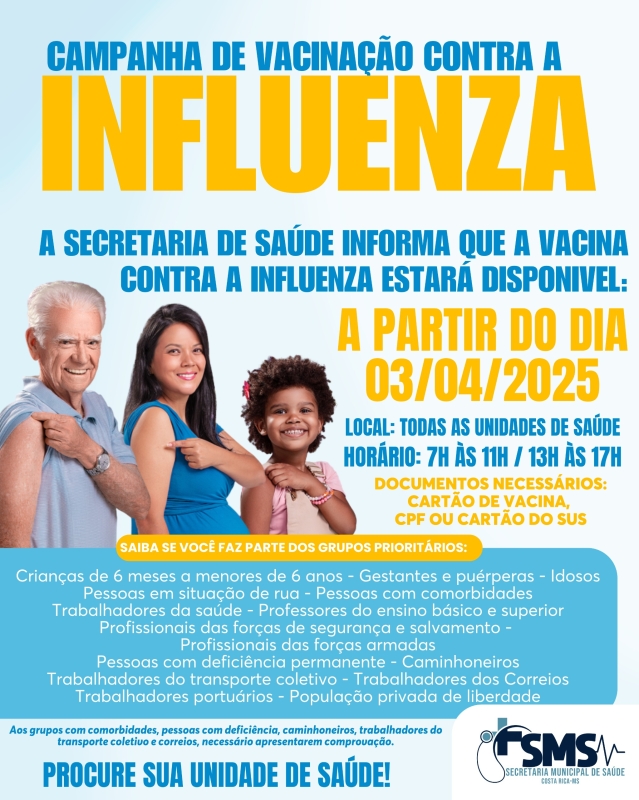 Vacinação contra Influenza inicia nesta quinta-feira (3) nas Unidades de Saúde de Costa Rica