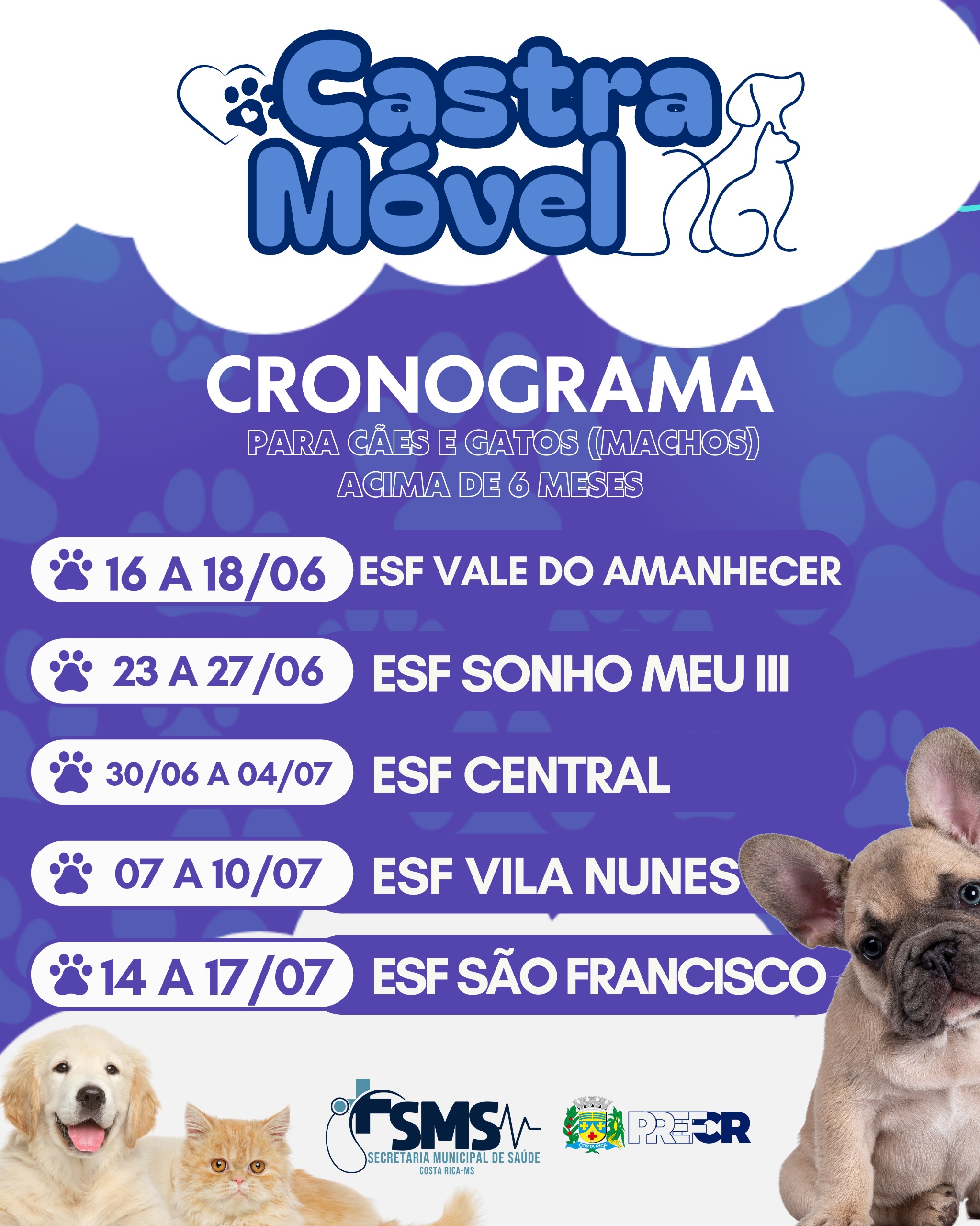 Cronograma de atendimentos do Castramóvel para o mês de junho em Costa Rica