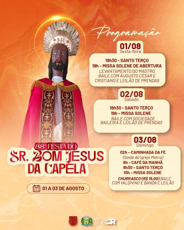Com apoio da Prefeitura, 88ª Festa do Senhor Bom Jesus da Capela acontece de 1 a 3 de agosto em Costa Rica