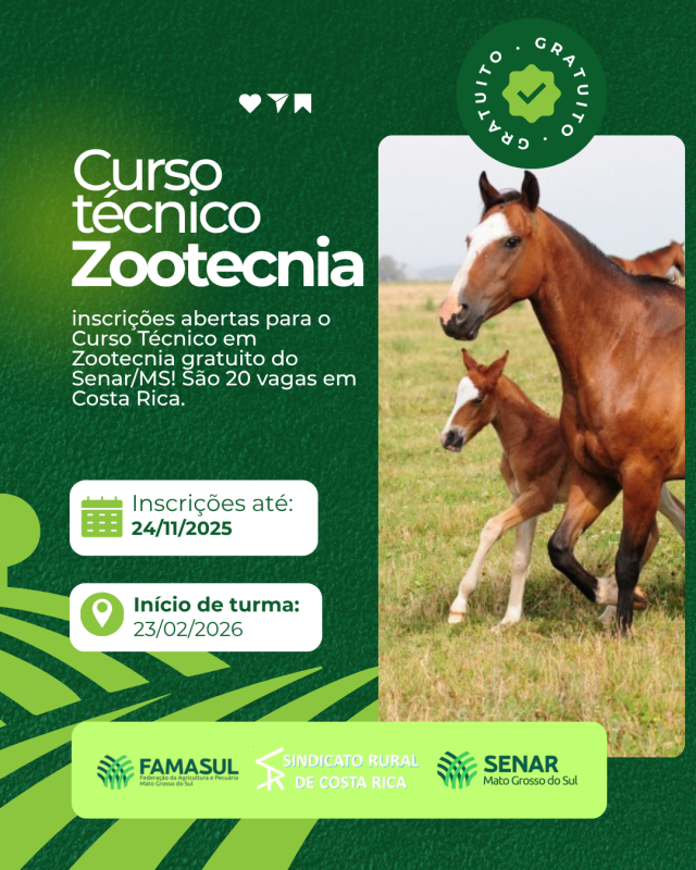 Senar-MS abre inscrições para 20 vagas em Curso Técnico em Zootecnia gratuito em Costa Rica