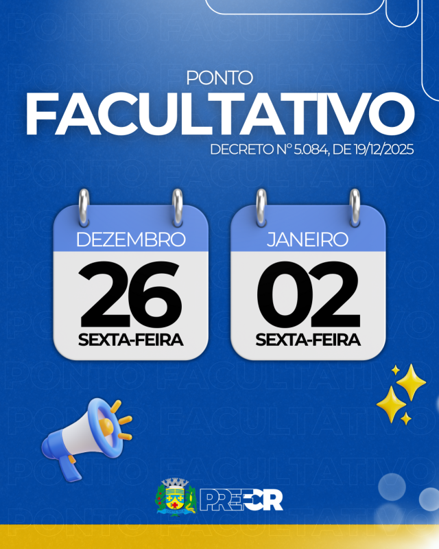 Prefeitura de Costa Rica decreta ponto facultativo nos dias 26 de dezembro e 2 de janeiro