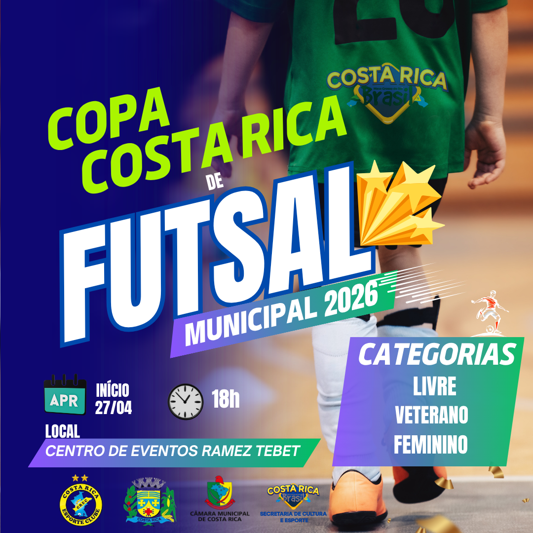 Copa Costa Rica de Futsal 2026 começa hoje no Centro de Eventos Ramez Tebet com 36 jogos na primeira fase