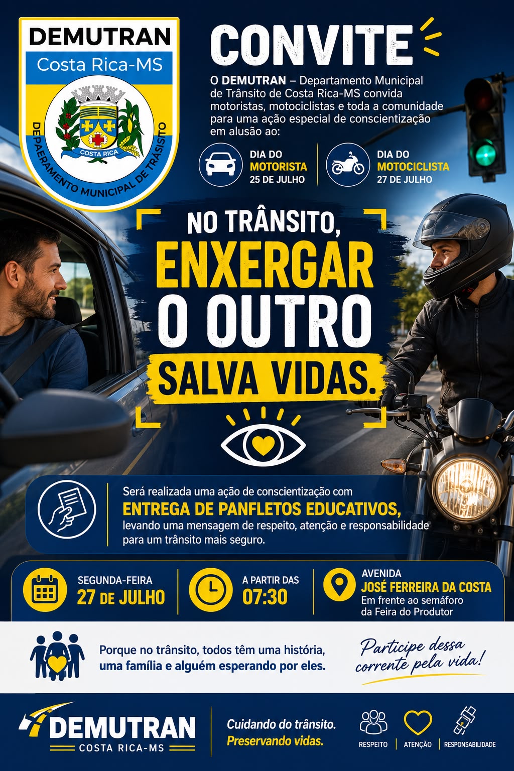 DEMUTRAN promove dia 27, ação educativa em homenagem ao Dia do Motorista - Motociclista e reforça a importância do respeito no trânsito em Costa Rica